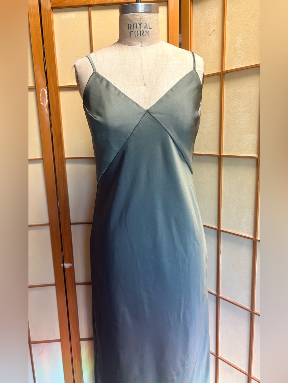 A New Day Sage Satin Bias Cut Slip Maxi Dress Side Slit Minimalist S
